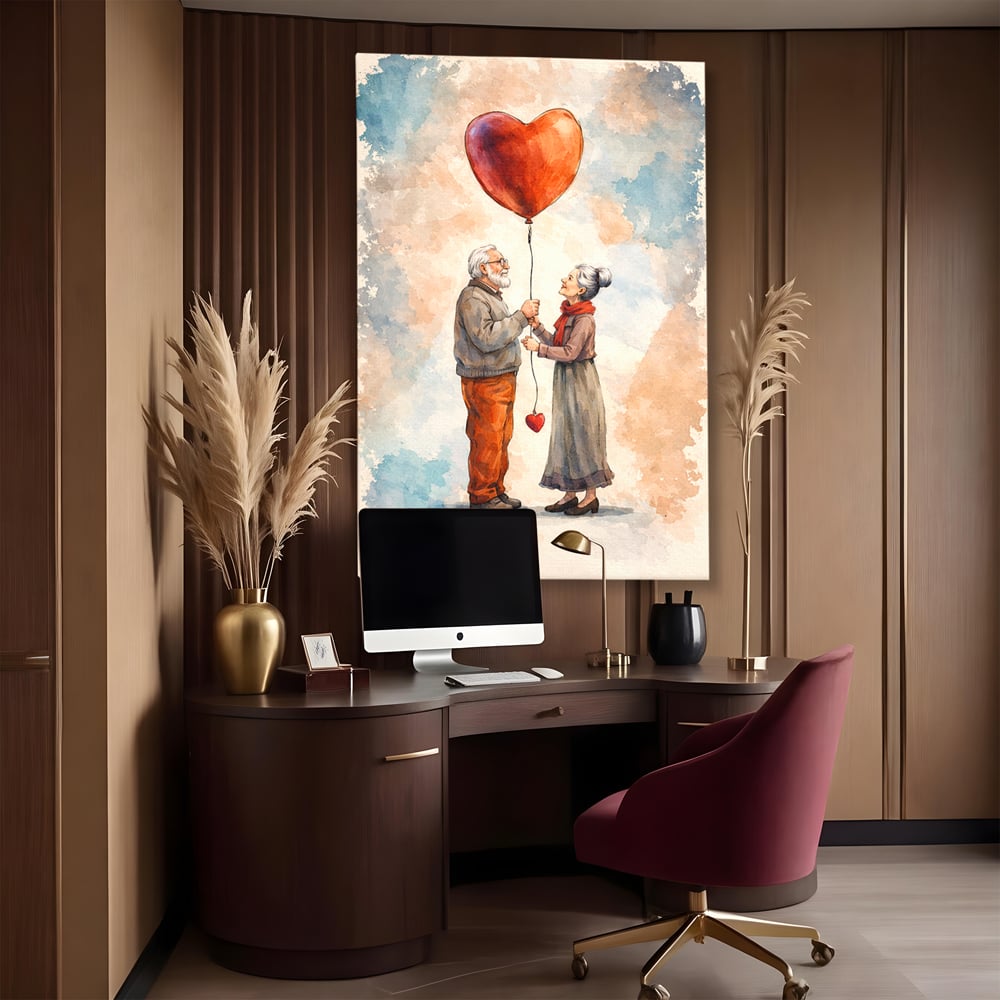 Tablou canvas cu tablou canvas cuplu in varsta si inima, fara rama, pe sasiu de lemn, pe perete intr-un birou